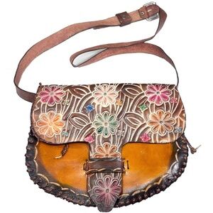Genuine Brown Leather Crossbody Shoulder Bag Stitched in Waxed Thread, HANDMADE